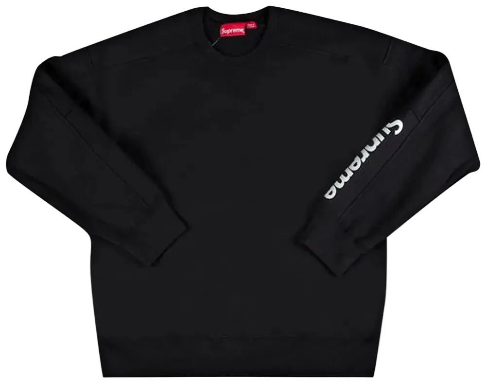Black sweatshirt with 'Supreme' logo on sleeve against a white background