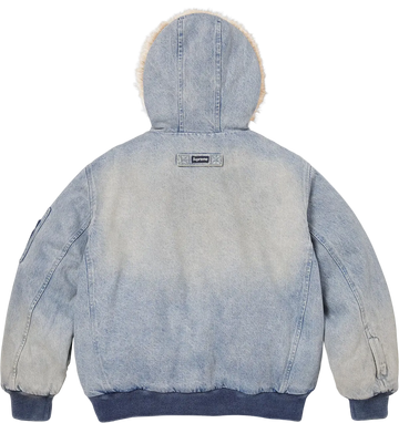 Light blue denim jacket with a hood on a white background