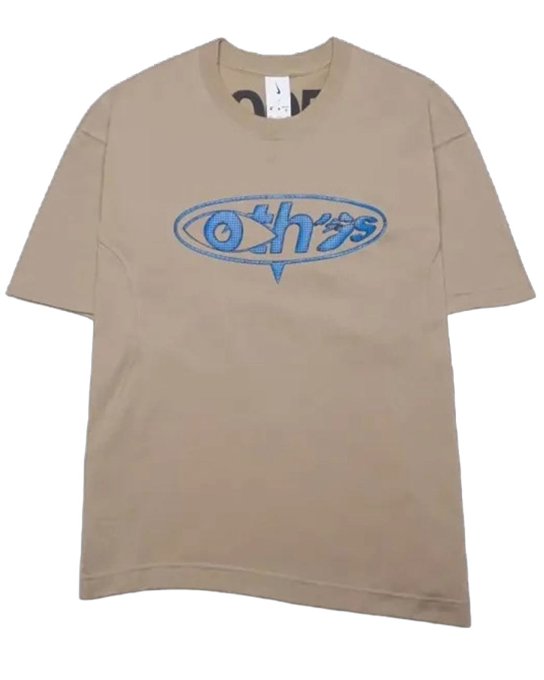 Beige t-shirt with blue logo on a white background
