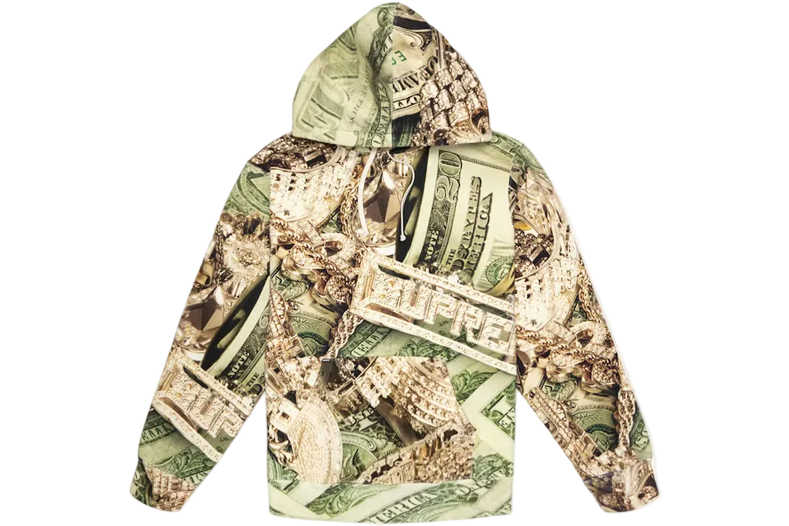 Hoodie with dollar bill design on a white background