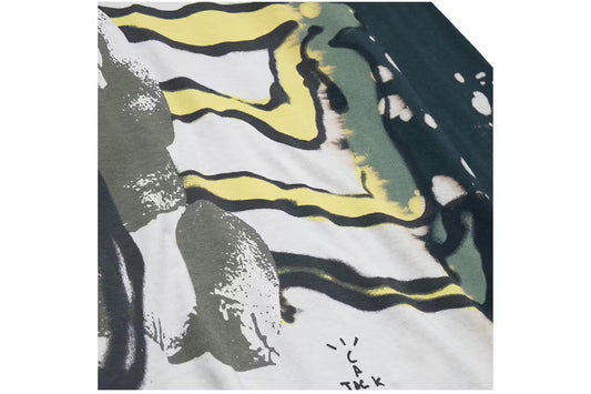 Abstract art piece with wavy lines in black, yellow, and green on a white background.