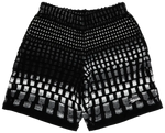 Black shorts with white checkered pattern on a white background