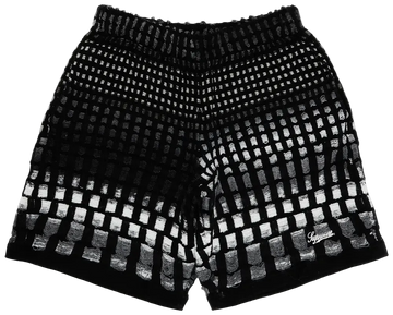 Black shorts with white checkered pattern on a white background