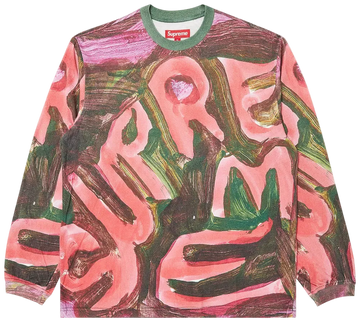 Supreme sweatshirt with abstract design and brand logo on a white background