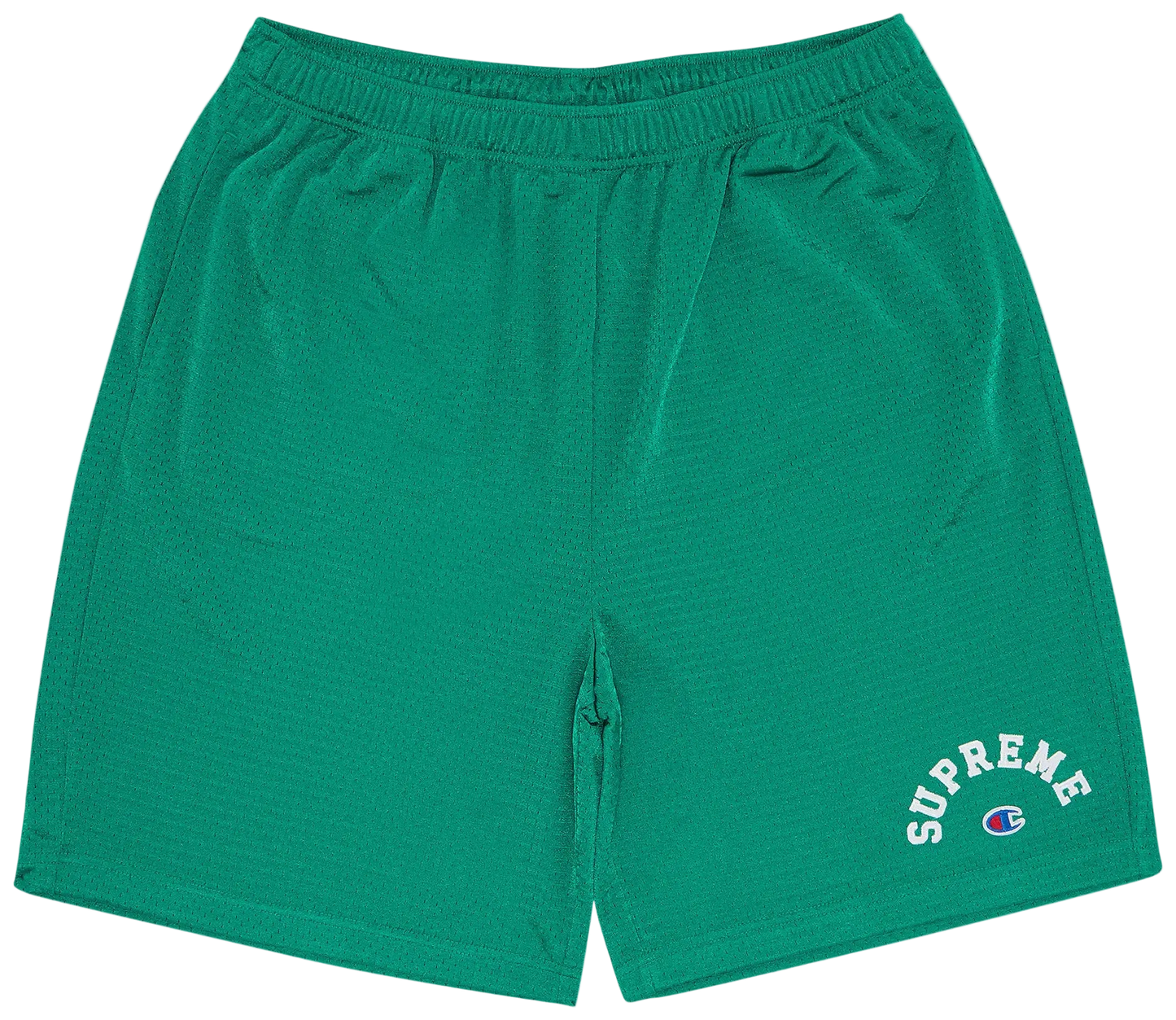 Green shorts with 'Supreme' and Champion logos on a white background