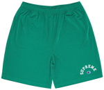 Green shorts with 'Supreme' and Champion logos on a white background