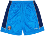 Blue and navy shorts with a logo on a white background