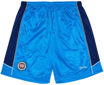 Blue and navy shorts with a logo on a white background