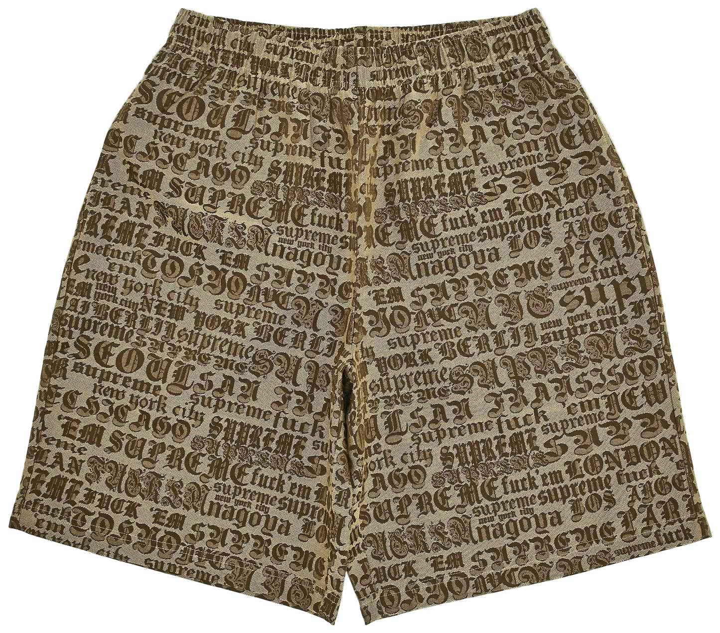 Beige shorts with black text pattern on a white background