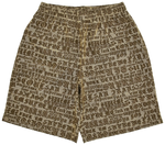 Beige shorts with black text pattern on a white background
