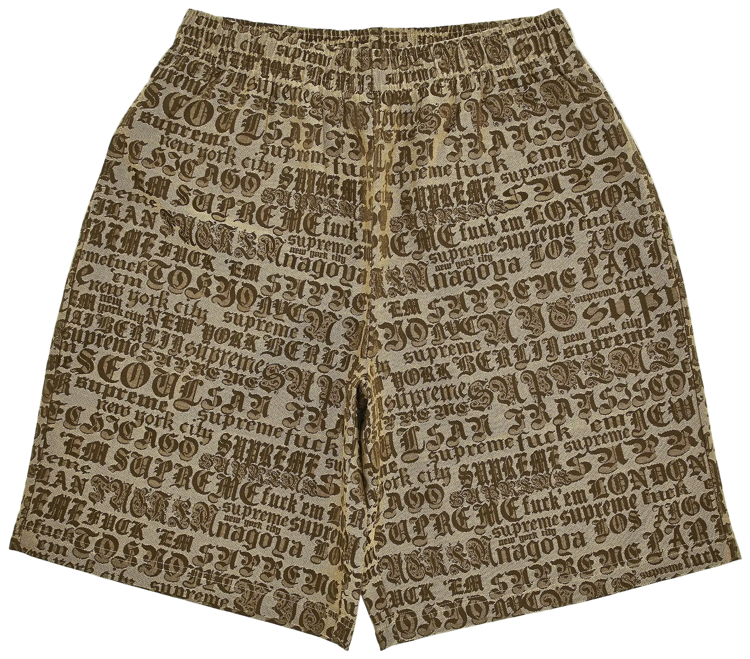 Beige shorts with black text pattern on a white background