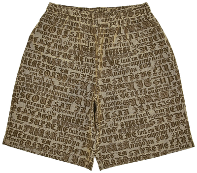 Beige shorts with black text pattern on a white background