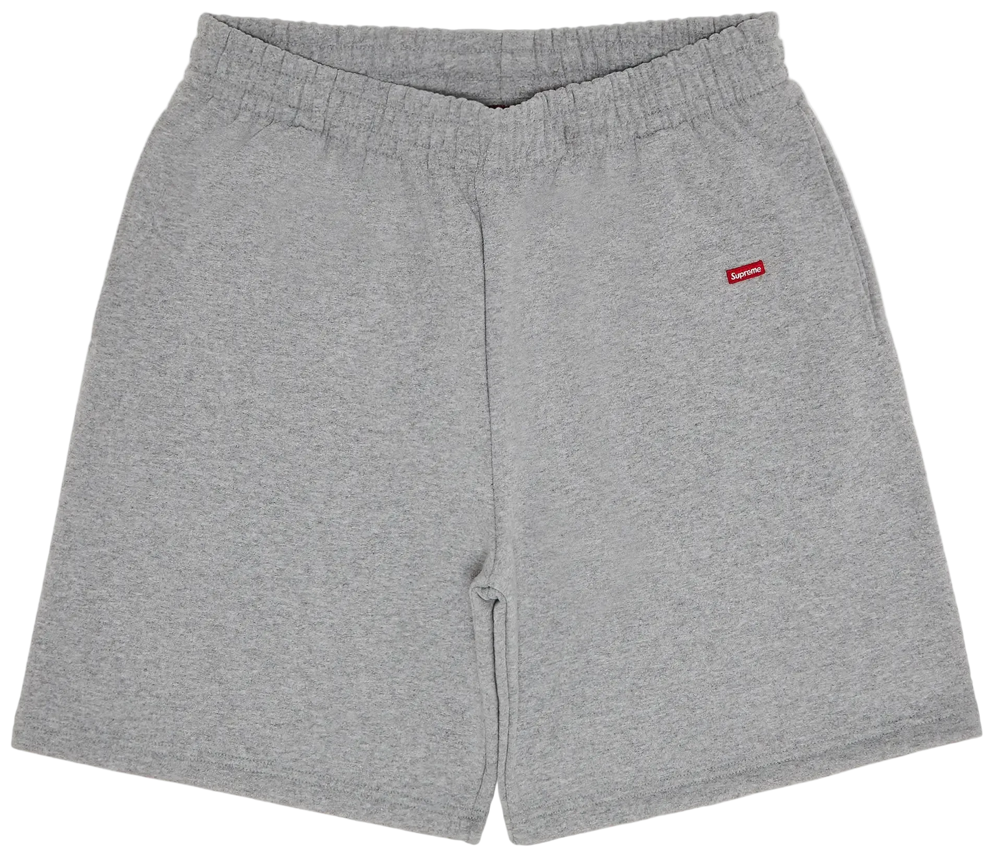 Gray shorts with a red logo on a white background
