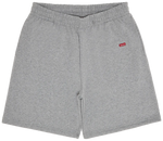 Gray shorts with a red logo on a white background