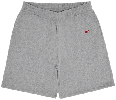 Gray shorts with a red logo on a white background