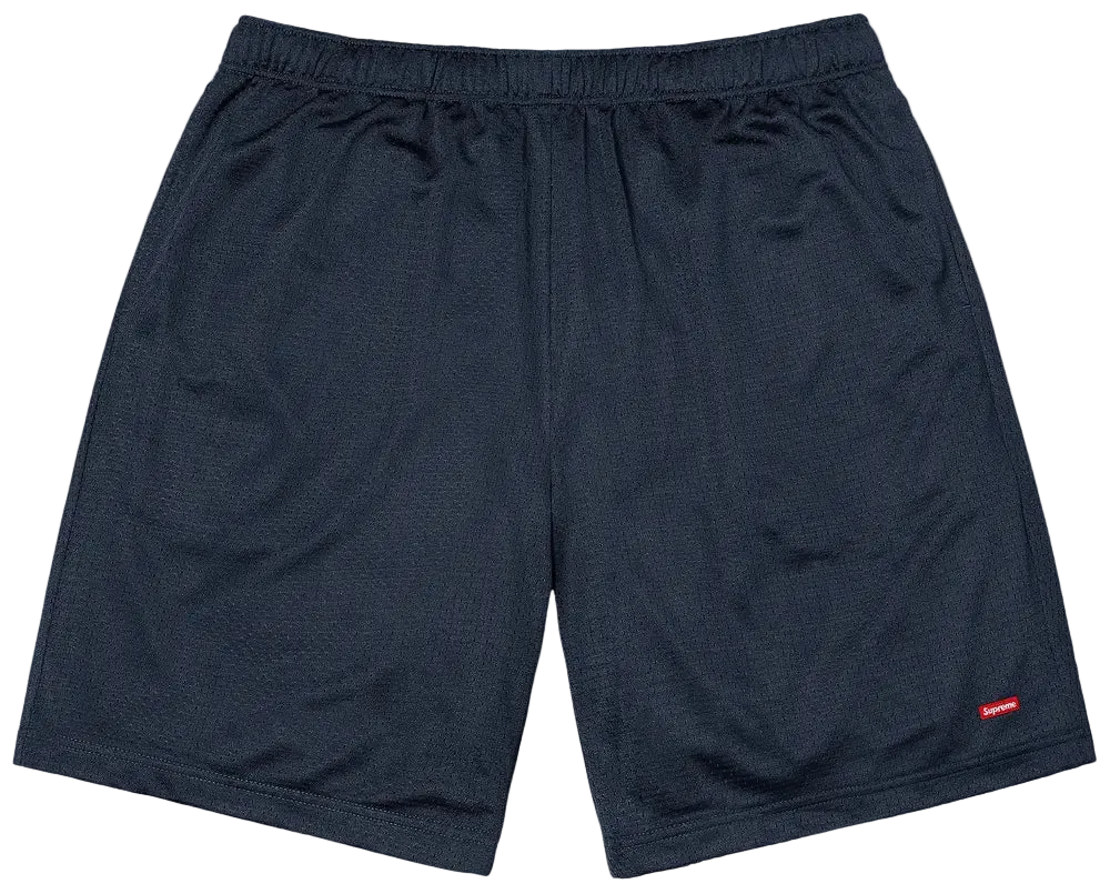 Navy blue shorts with a red label on a white background