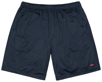 Navy blue shorts with a red label on a white background