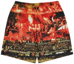 Shorts with a collage design featuring various images and text on a white background