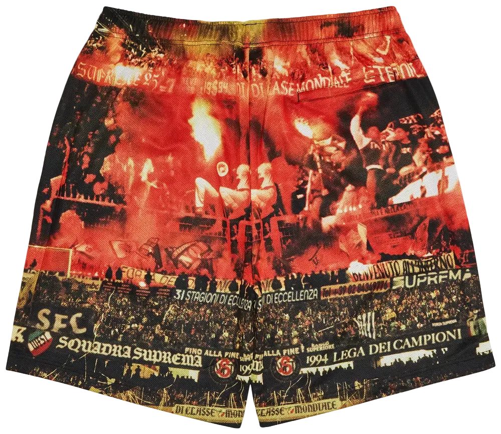 Shorts with a collage design featuring various images and text on a white background