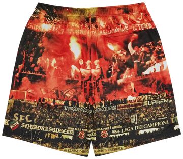 Shorts with a collage design featuring various images and text on a white background