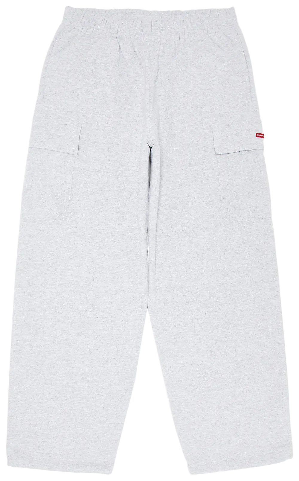 Light gray pants with a red tag on a white background