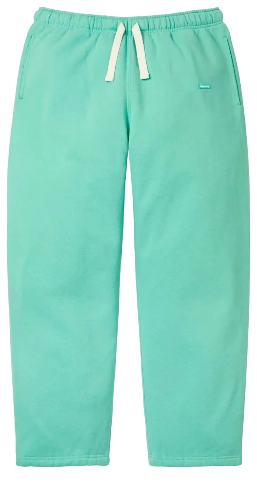 Turquoise sweatpants with a white drawstring on a white background