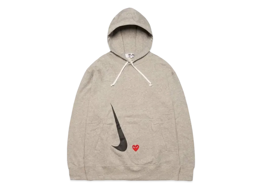 Gray hoodie with a logo on the chest pocket against a white background