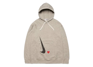 Gray hoodie with a logo on the chest pocket against a white background