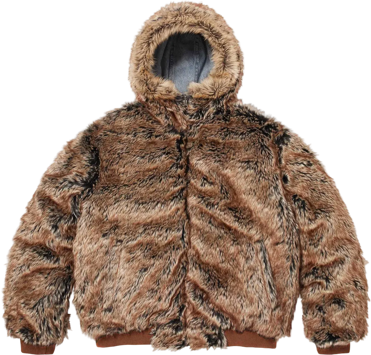Brown fur jacket with a hood on a white background