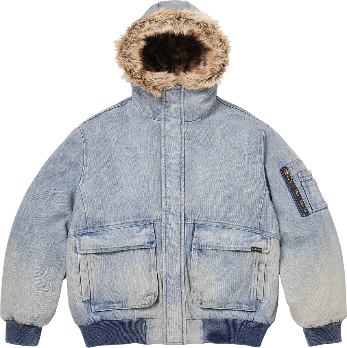 Blue denim jacket with fur-lined hood on a white background