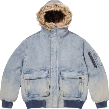 Blue denim jacket with fur-lined hood on a white background