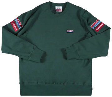 Green sweatshirt with Supreme and Patagonia logos on a white background