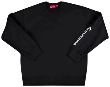 Black sweatshirt with 'Supreme' logo on sleeve against a white background
