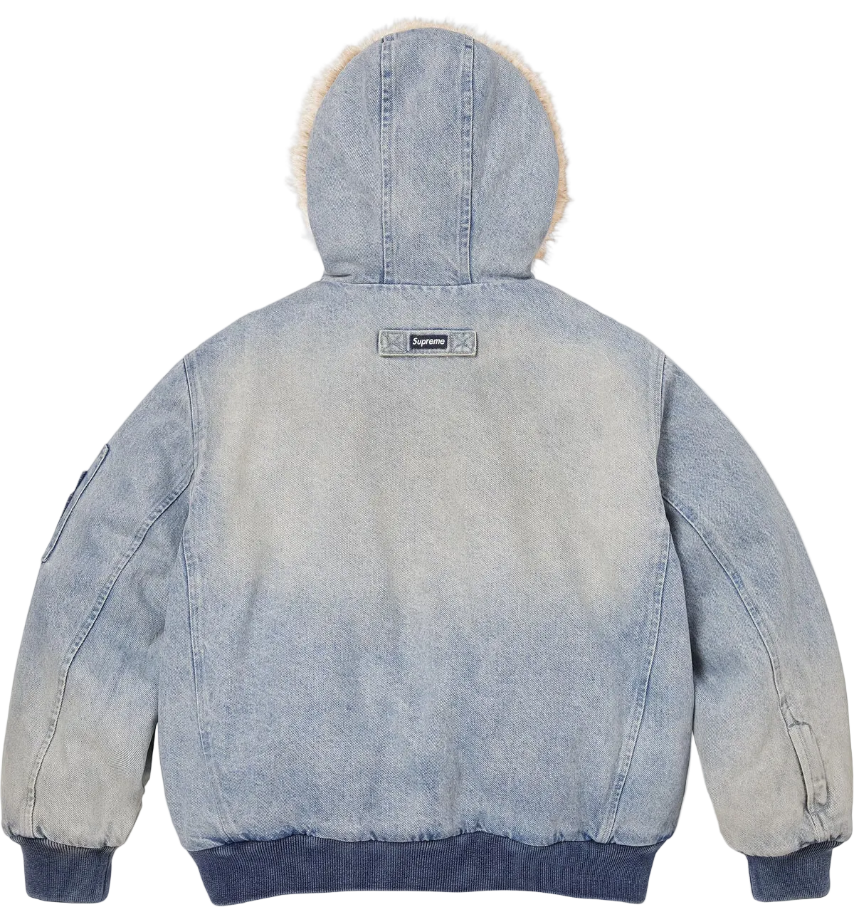 Light blue denim jacket with a hood on a white background