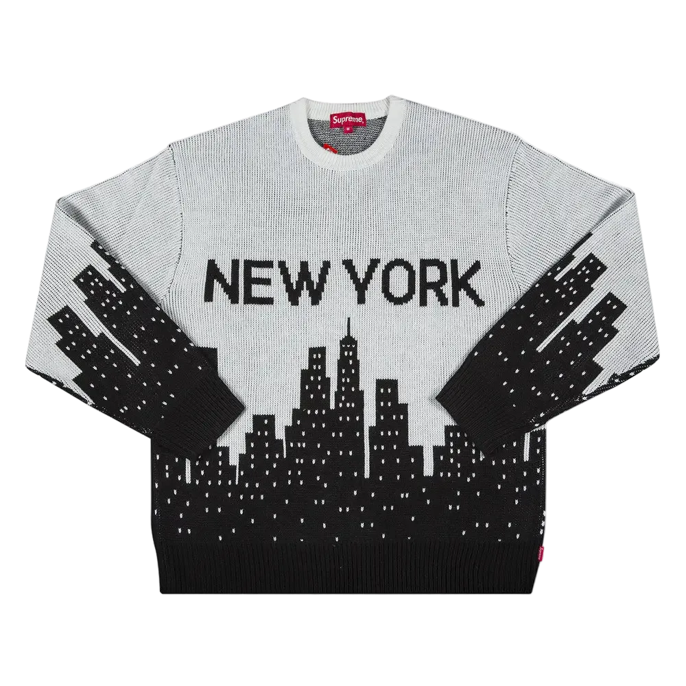Sweater with 'New York' text and cityscape design on a white background
