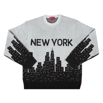 Sweater with 'New York' text and cityscape design on a white background