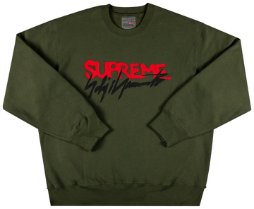 Green sweatshirt with red and black 'Supreme' logo on a white background