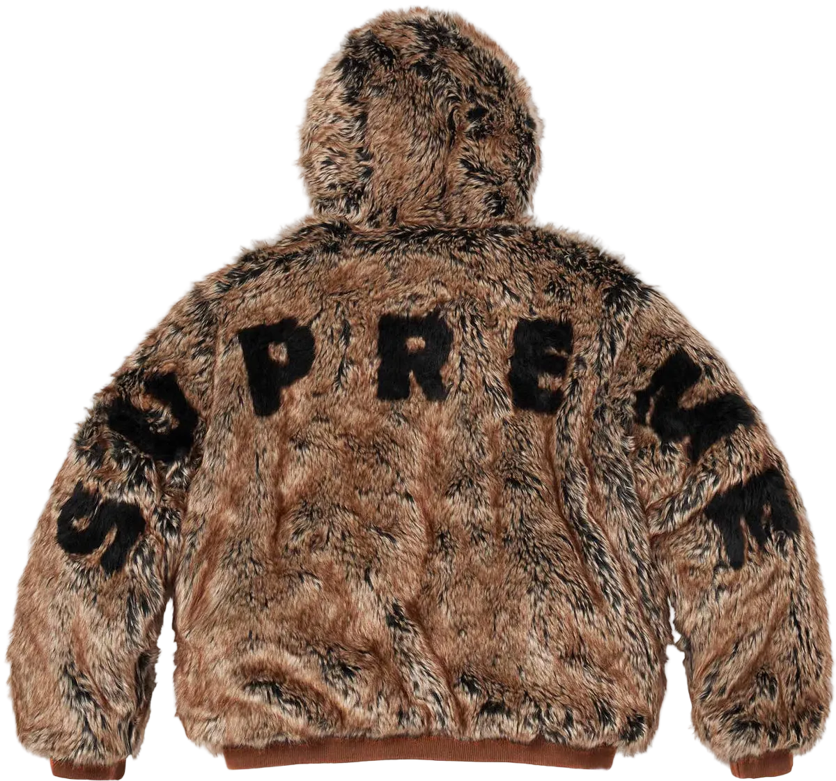 Furry jacket with 'Supreme' branding on a white background