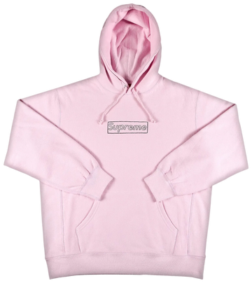 Pink hoodie with Supreme logo on a white background