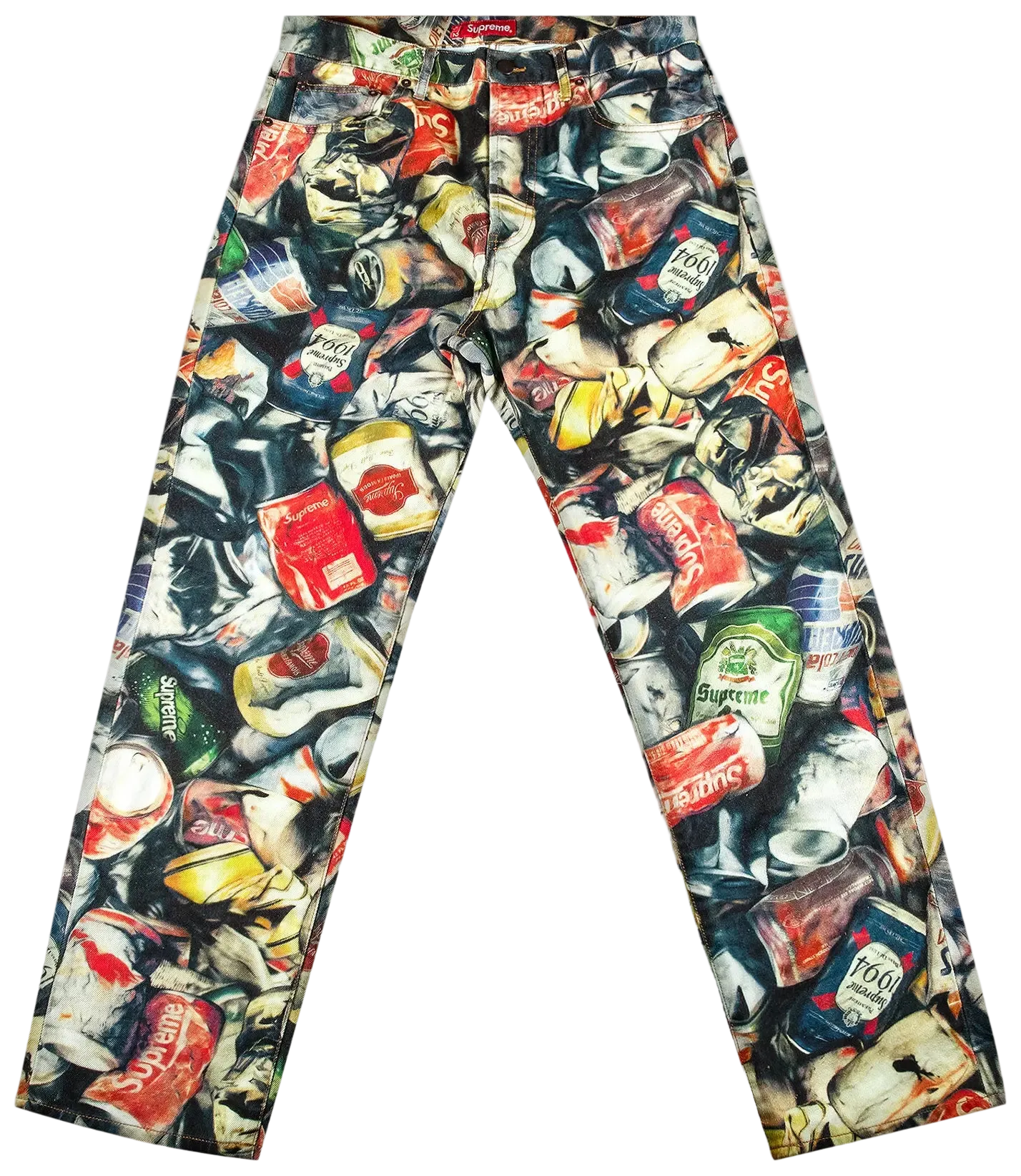 Pants with a colorful pattern of beverage cans and bottles on a white background