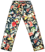 Pants with a colorful pattern of beverage cans and bottles on a white background