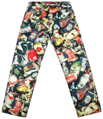 Pants with a colorful pattern of beverage cans and bottles on a white background