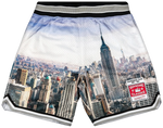 Shorts with a cityscape design featuring the Empire State Building and Supreme logo.