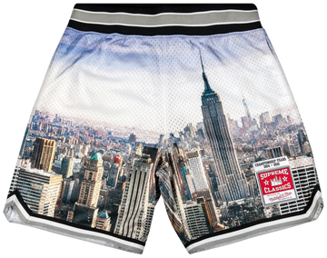 Shorts with a cityscape design featuring the Empire State Building and Supreme logo.