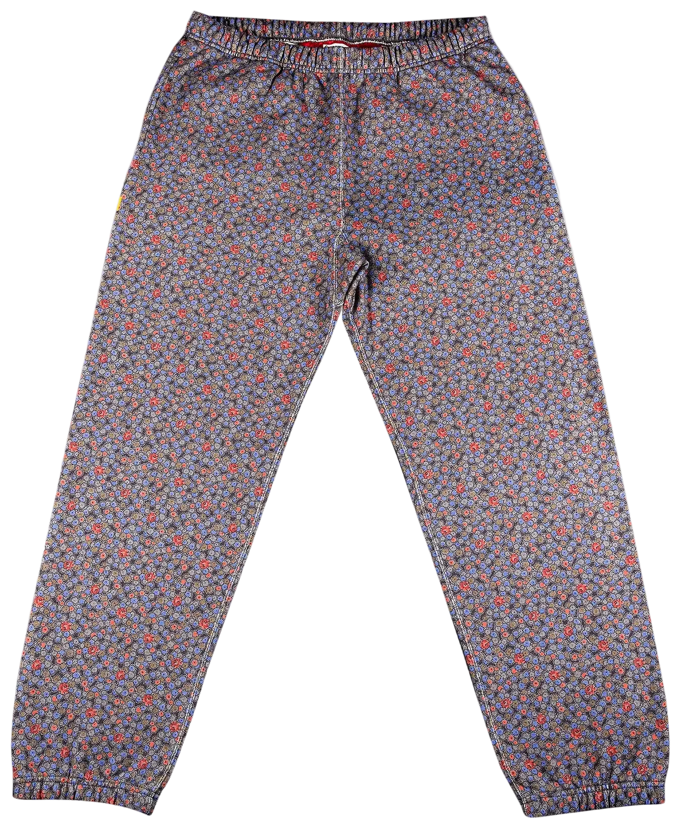 Floral-patterned pajama pants on a white background