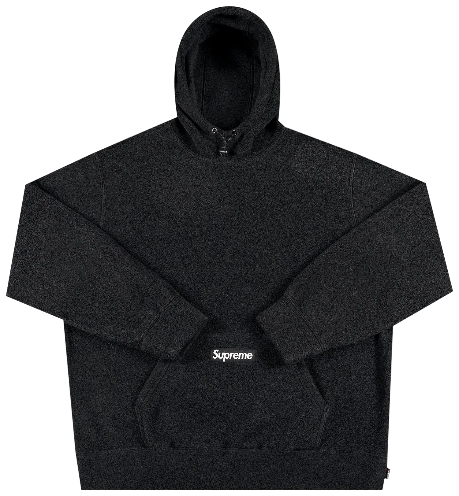 Black hoodie with Supreme logo on a white background