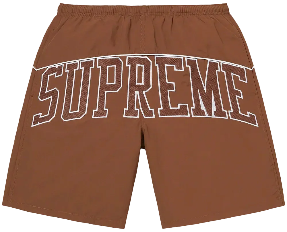 Brown shorts with 'Supreme' logo on a white background