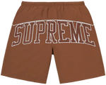 Brown shorts with 'Supreme' logo on a white background