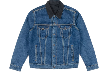 Blue denim levis jacket with black collar on a white background