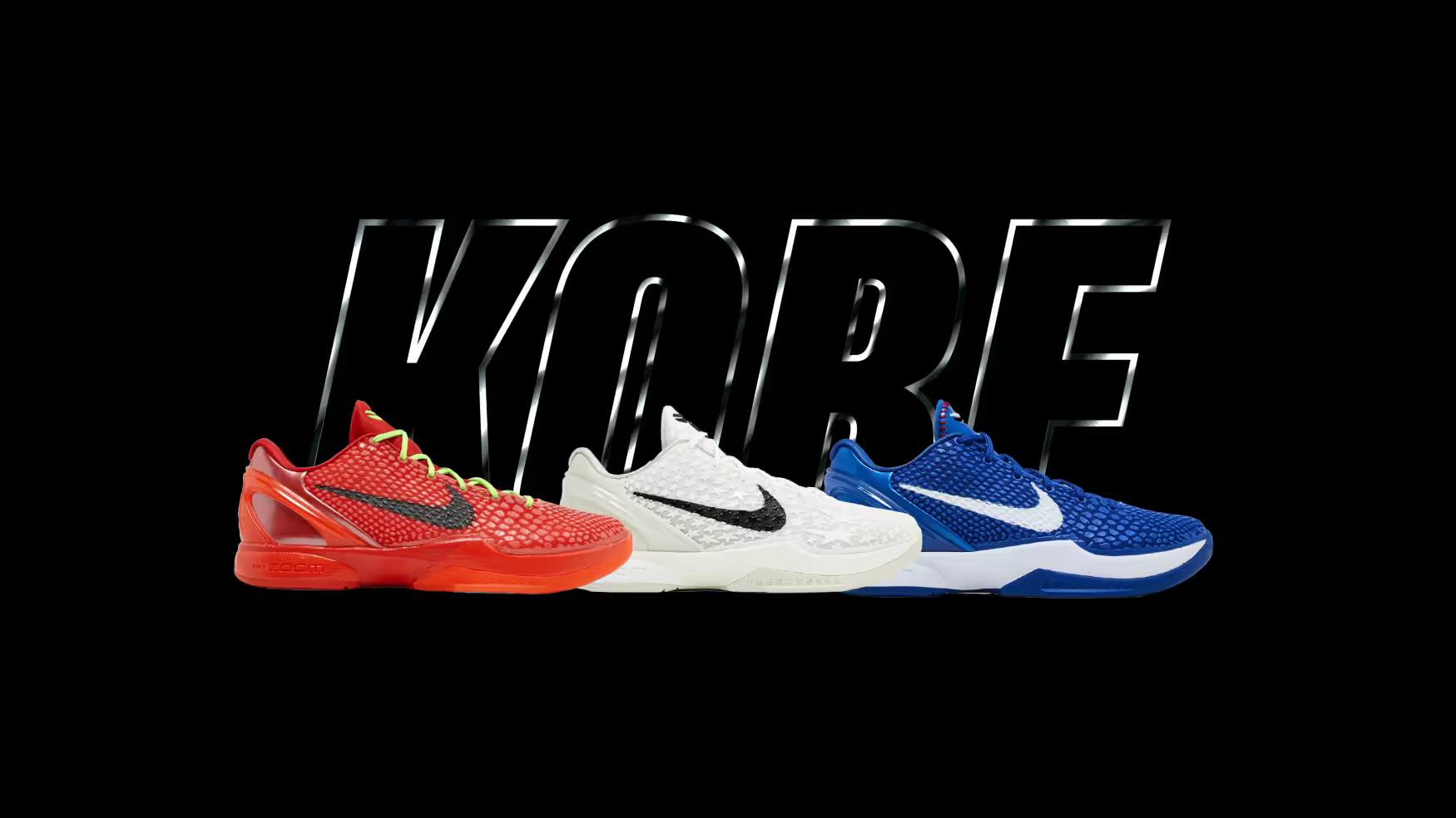 Three sneakers in red, white, and blue with 'Kobe' branding on a black background.